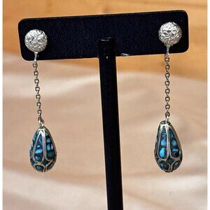 Vintage Turquoise Inlay Silver Tone Screw Back Drop Earrings 2" Jewelry B22